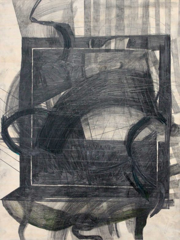 Graphite drawing with a dark frame in the center, with tendril-like curved lines extending outside of the confines of the square.
