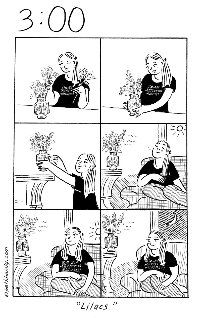 6-panel comic titled The 3:00 Book with a woman enjoying lilacs in a vase.