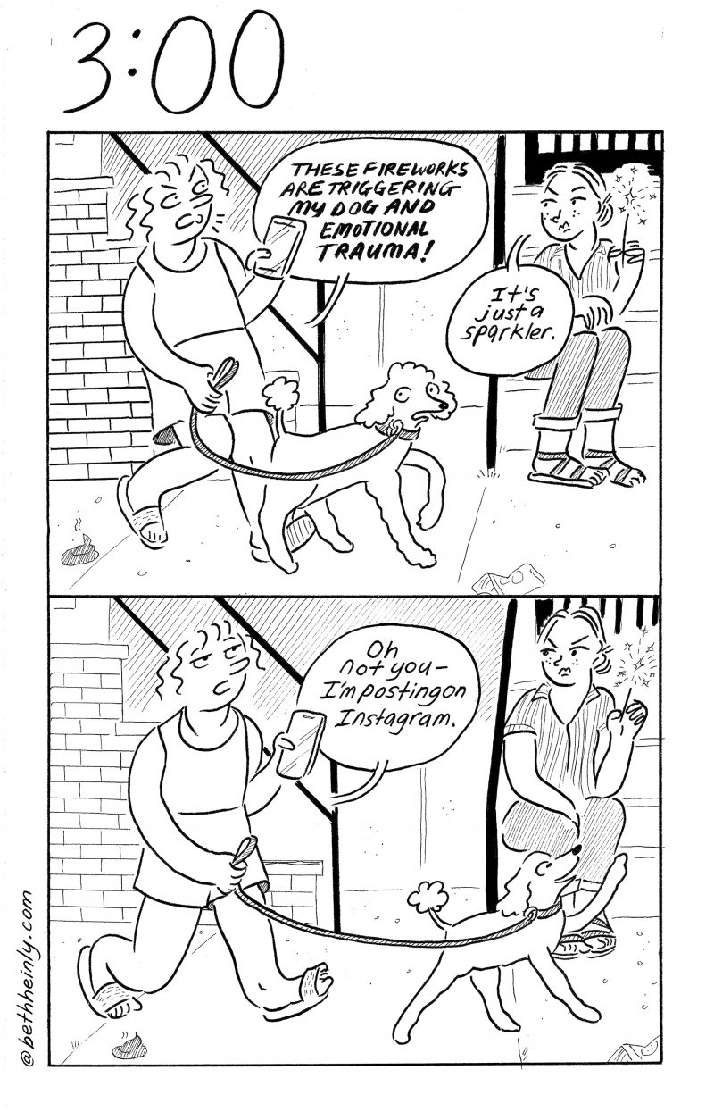 Two panel black and white comic with two women on the street, a dog, and a sparkler.