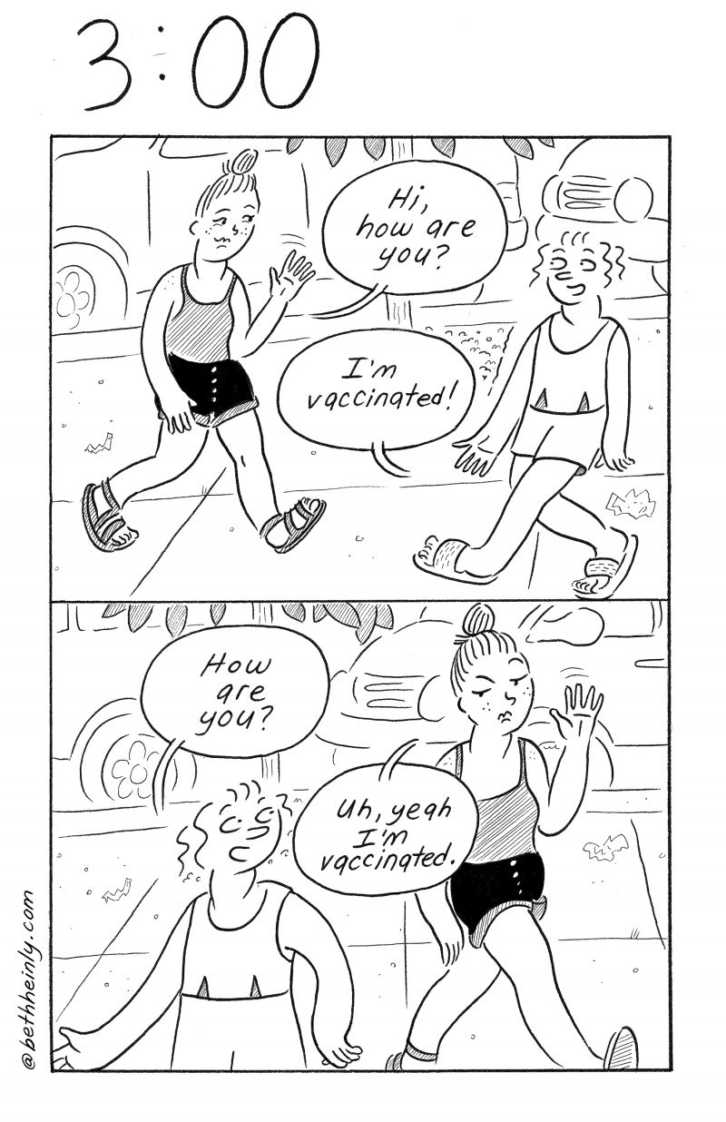 Comic in two panels with two women greeting each other on the street.