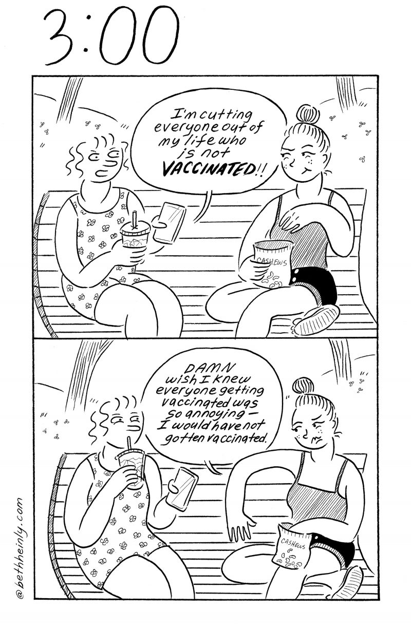 Two panel comic with two women sitting on a park bench talking about Covid vaccinations.