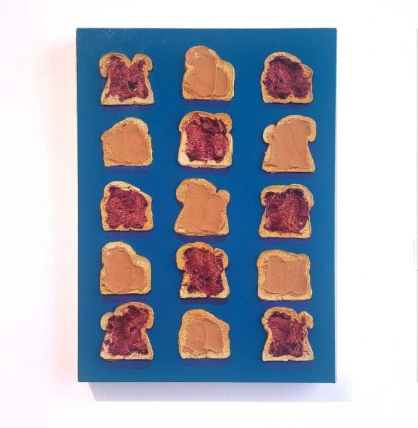 Vertically oriented rectangular painting of pieces of toast with alternating jelly or peanut butter spread onto them in 6 rows on a medium-dark blue background.