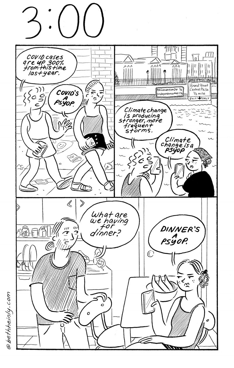 Three-panel comic with two women walking down a street talking about Covid cases, climate change, and then one of the women talking with her boyfriend about what’s for dinner.