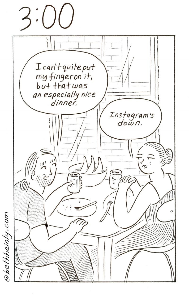 Black and white comic in one panel showing a man and woman having dinner in their kitchen and talking.