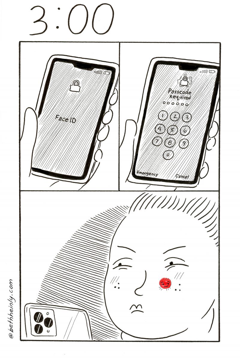 Three-panel comic showing a hand holding a cellphone on the Face ID and Passcode Required login pages, and a closeup of a face with a bright red dot on the cheek.
