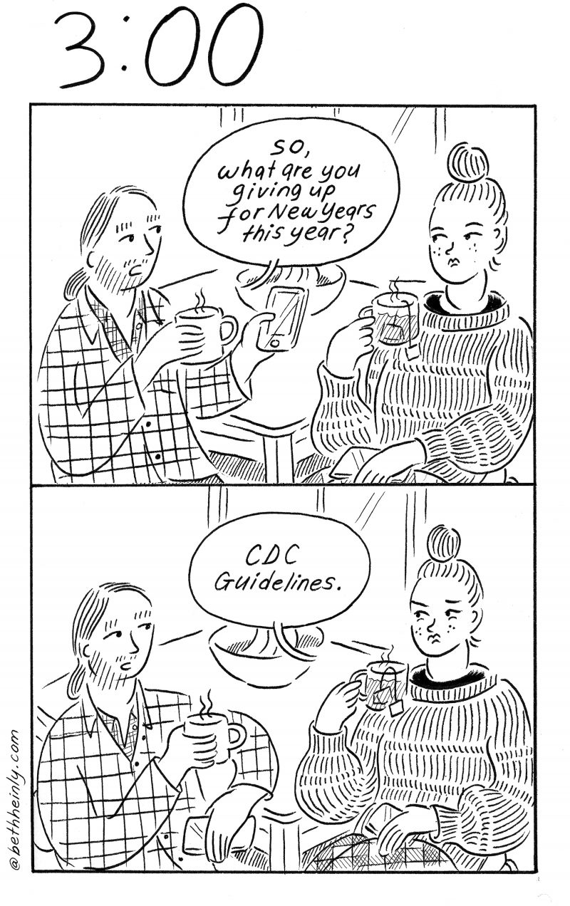 Two-panel black and white comic with a man and woman drinking coffee and tea and talking about their New Years resolution. The title, 3:00, or, three o’clock is at the top.
