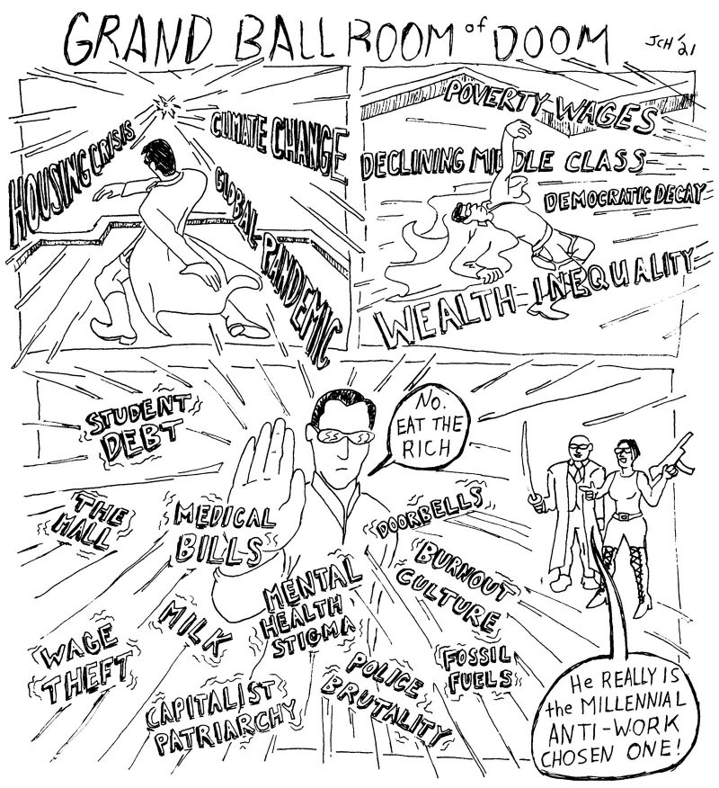 3 panel comic from the series "Grand Ballroom of Doom," satirically depicting Neo from "The Matrix" acting out the "Dodge This" scene, but dodging objectified economic phrases instead of bullets-- e.g. "CLIMATE CHANGE," "STUDENT DEBT," etc-- and ultimately suspending the final set in the air while saying "No. Eat the Rich."