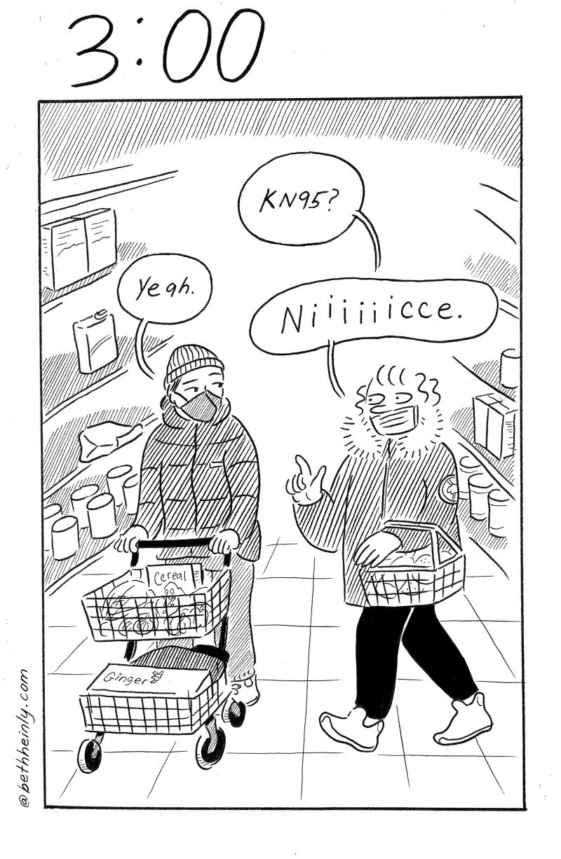 One-panel black and white comic shows two women masked and meeting each other in a grocery store aisle, where they compare their face masks.