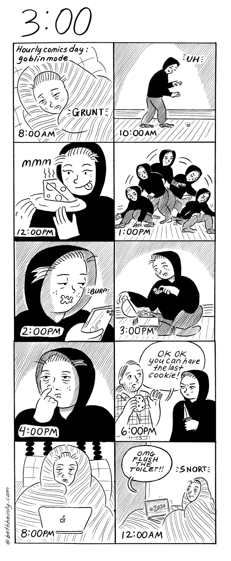 Black and white comic in ten panels tells the hourly activities of one person on one day.
