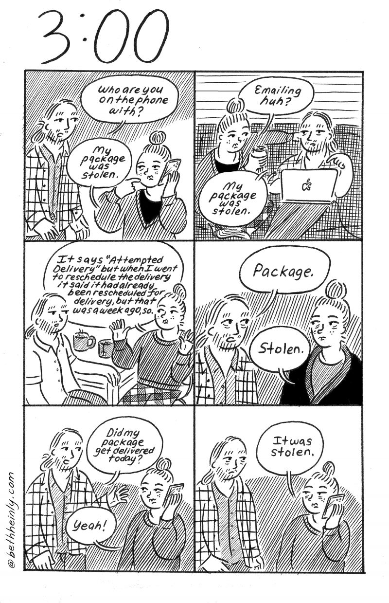 A black and white, 6-panel comic featuring a woman and a man talking with each other, on five different occasions, about having their online order packages stolen from their doorstep.