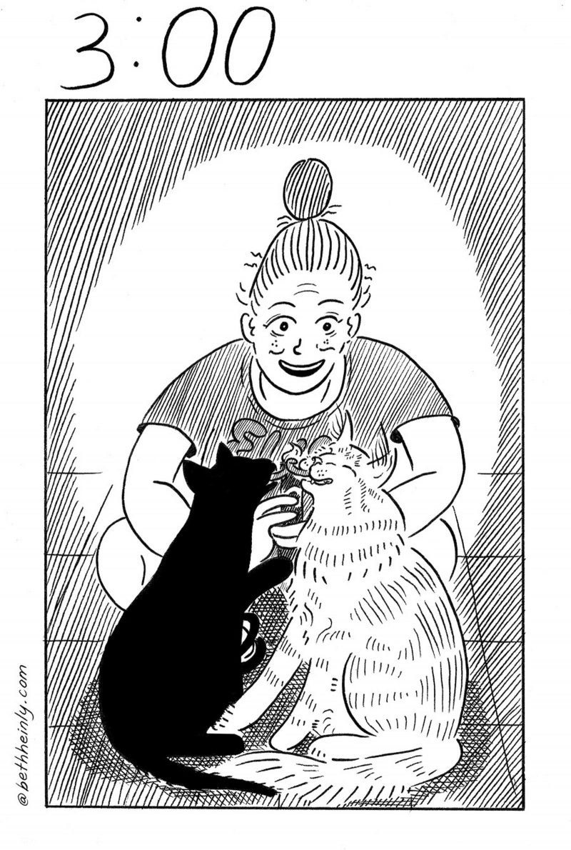 1 panel comic from the series "The 3:00 Book," in which the main recurring character (a female-bodied person with their hair typically tied up in a pony tail or a bun), who looks extremely tired, but is beaming with joy, is squatted down and hunched over, holding their phone between their knees, and taking a picture of their two cats, who have their tongues extended and wrapped together in a kiss.