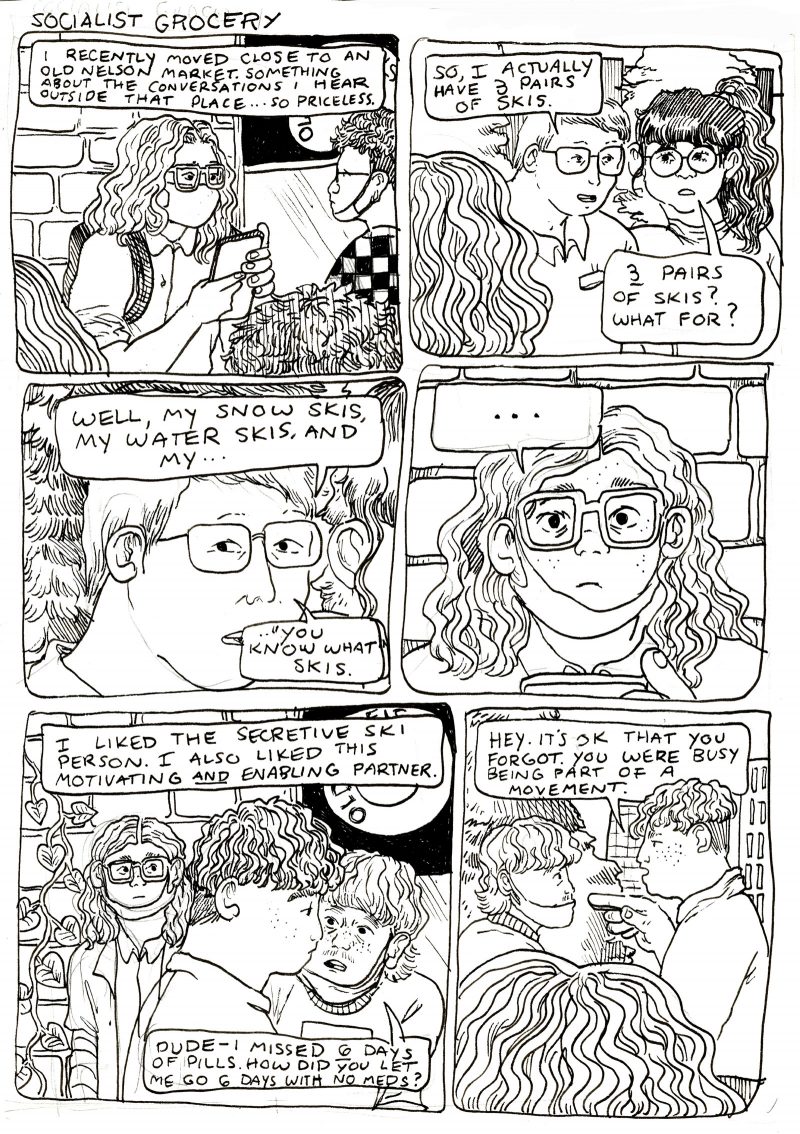 6 panel black and white comic from the series "Socialist Grocery," in which Sebastian goes to their local Old Nelson Market and overhears some very strange conversations.