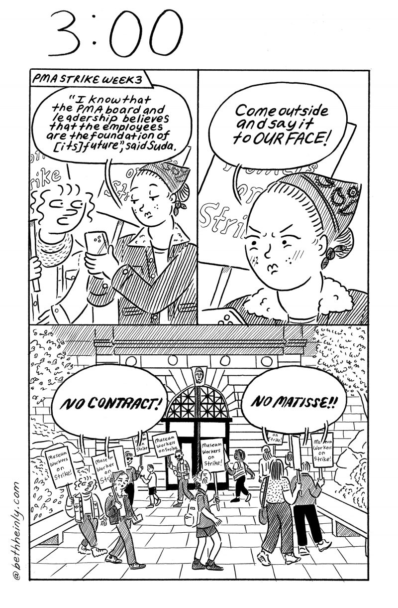 A three-panel, black and white comic titled 3:00, meaning three o’clock, shows two women carrying “on strike” signs and marching in front of the Philadelphia Museum of Art. One of the workers is very angry at something the museum director said.