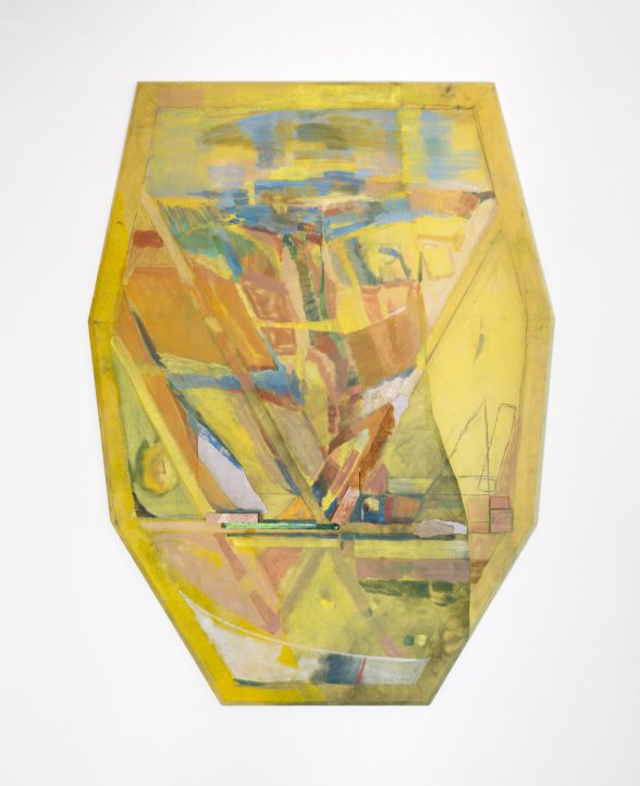 An abstract oil painting on a shaped canvas by Eleanor Conover from her show Side Angle Tide at Swarthmore's List Gallery.