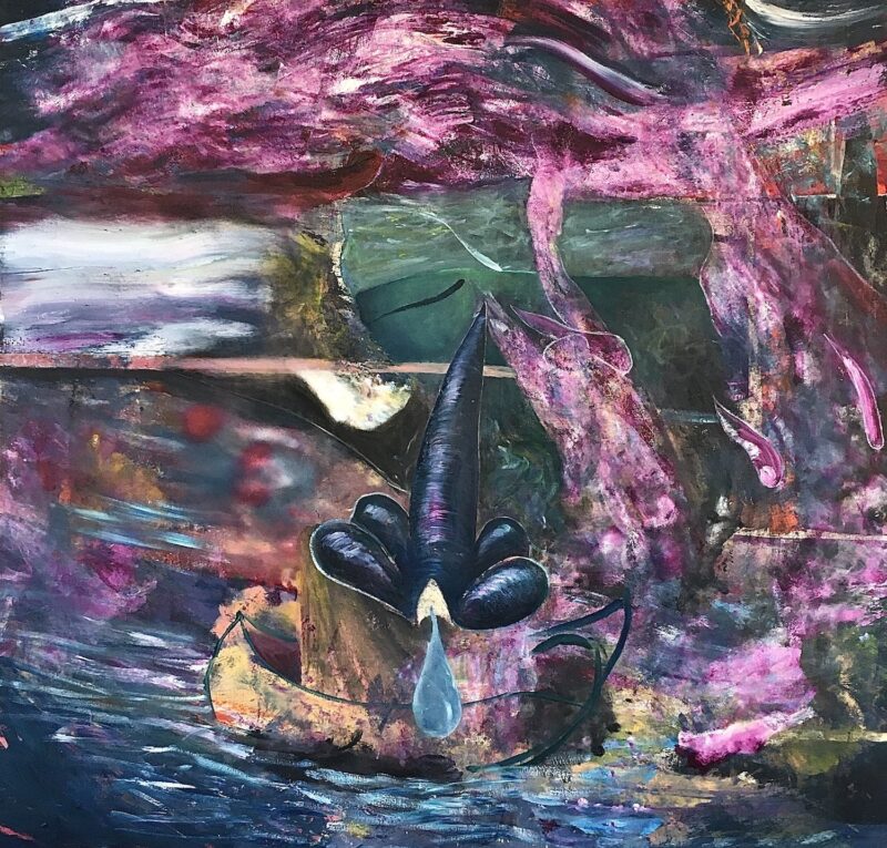 A colorful painting, mostly abstract, suggests a roiling stream, with pink waterfalls and perhaps a canoe in the water, with a peculiar dark shape in the foreground seeming to emit one single large drop of water into the stream below.