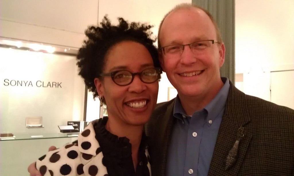 Sonya Clark and Christopher Amundsen, exec director of the American Crafts Council, posing at Snyderman Gallery