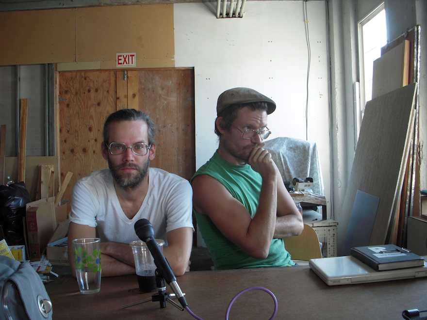 Steven (left) and Billy Blaise Dufala in Steven's studio in Chinatown north, before an Artblog Radio interview in 2010