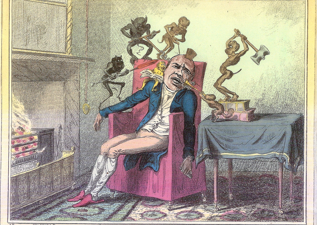 Print of man with tiny devils hammering on his head.