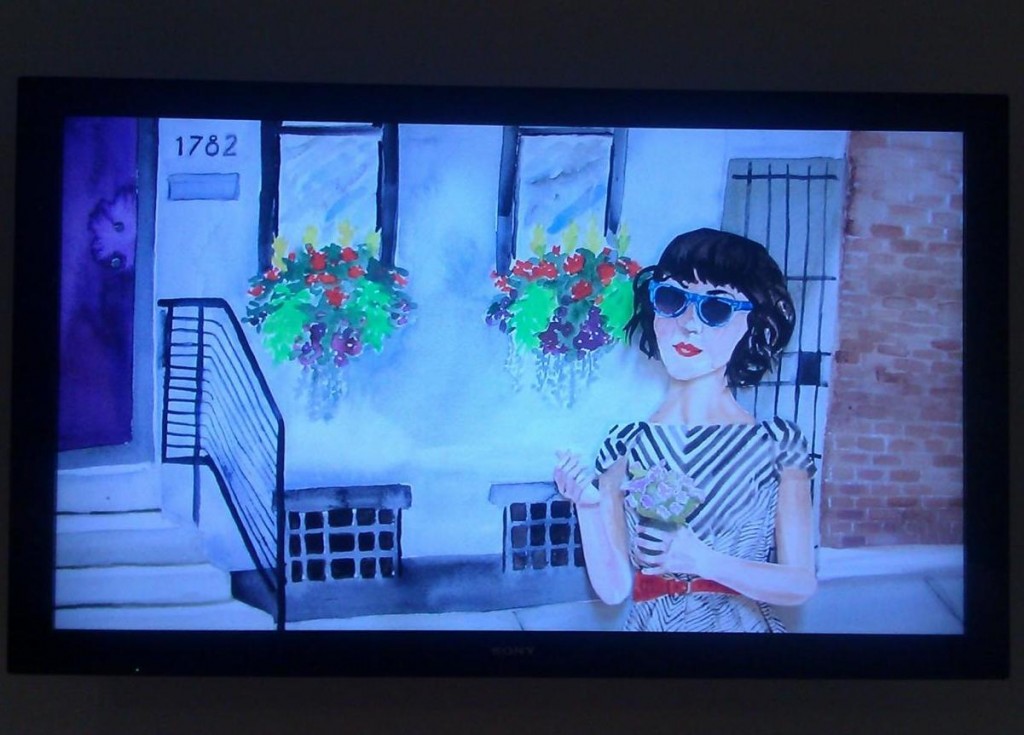 Jennifer Levonian, The Oven Sky, 2011 Cut-out animation using watercolor and collage, with music by Rachel Mason, Video, Running time: 4 min. 45 sec.; one of the new hipsters gentrifying the neighborhood