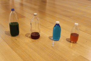 “Look See,” 1992, glass bottles with metal and plastic caps, transmission fluid, radiator coolant, Windex®, brake fluid
