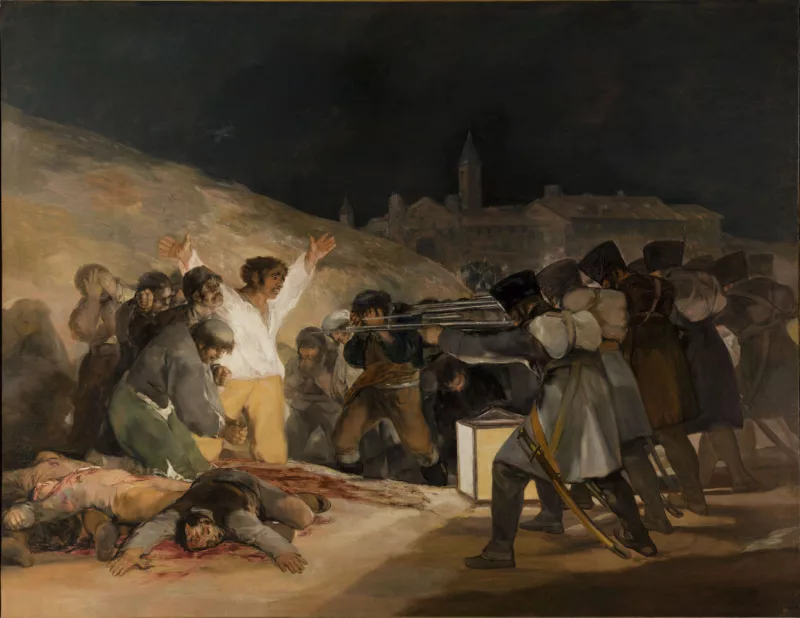 A dramatic painting by Francisco Goya shows a man wearing a white shirt and yellow paints with his hands up in the air as he is about to be killed by a firing squad that is all around him.