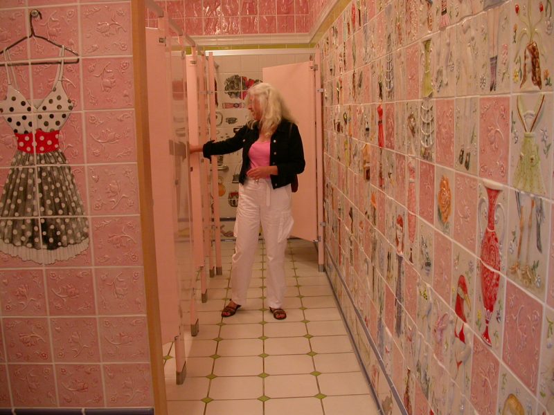 Kitty in Cynthia Consentino's pinkly pink women's bathroom. This room reminded me of how I hate to shop for clothes, get my hair cut and do all those things women do to with cosmetics. The whole thing was cute and funny but in retrospect I wished I could have switched the men's and women's imagery. That would have pleased me enormously.