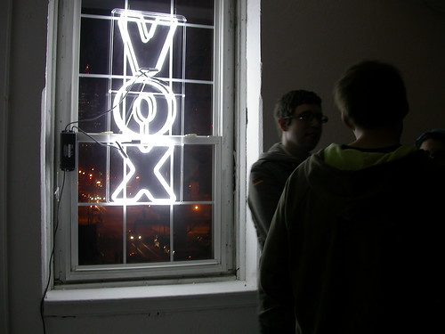 Vox Populi's new neon sign in the window of their new home at 319 N. 11th St. The place was jammed with happy folk when we stopped in at 8:30. 