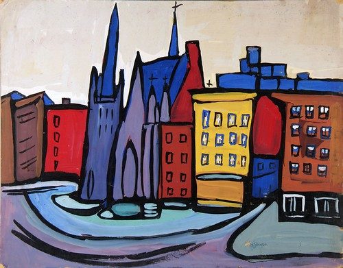 Harlem Cityscape with Church, c. 1939-40, William H. Johnson (1901-1970). Tempera on paperboard. Smithsonian American Art Museum, Gift of the Harmon Foundation.