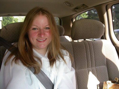 Stella in the car on the way to graduation last week.