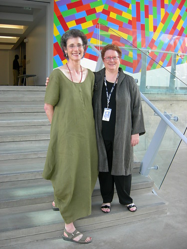 Andrea with chief curator, Barbara Tannenbaum (the one standing on the steps) in front of a Saul Lewitt wall piece; photo by Barbara Neswald, special to Artblog