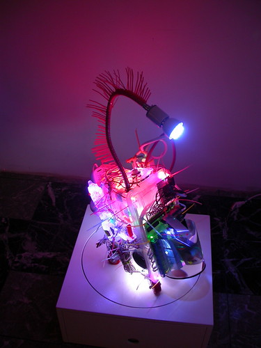 Huang, Shih Chieh's tiny robot on a turntable. It flashes and tweets and is friendly as a video arcade game. Materials include a toy gun and what look like Tupperware containers, in addition to plastic handcuffs, lights and circuitry.