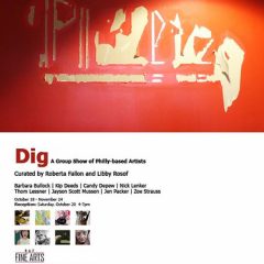 Postcard (front and back) for Dig, with Zoe Strauss image, detail, I-95 (Philly's Imprint Removed Sign), archival inkjet print, color photography and/or digital projection, dimensions variable, 2001-2007. Click image to read the words.