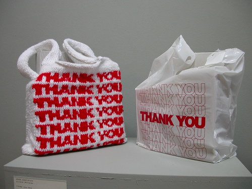 Aryon Hostleton and Alison Macrina’s “Thank You” shopping bag—a knit knockoff of the real plastic item-- in Space 1026's Handjob exhibit.