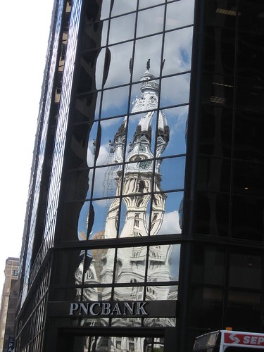 City Hall wavering, reflected in the PNC building (by Libby Aug. 2006)