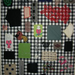 Sample board in which Brandt pairs examples from the Design Center’s collection with her own samples inspired by historic textiles