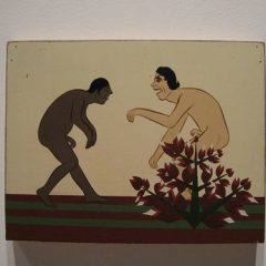 Clare Rojas, untitled (wrestlers), latex and gouache on board, 8 5/8 x 11 1/8", In Pow-Wows or The Long Lost Friend, an exhibit with Feasley and Clare Rojas, at Locks Gallery , organized by John Caperton