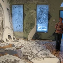 Santoleri ran his installation across the window coverings, threw printed fabric across a door and covered every kind of surface available, to great effect.