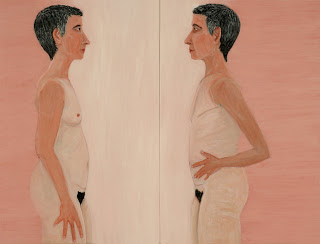 Sarah McEaneany Both Sides (2007) tempera on wood, 24" x 32". McEneaney's own unflinching view of the results of her mastectomy.