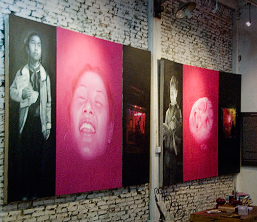 Wei Yi's studio, M50, showing triptych paintings of Chinese prostitutes and their childhoods