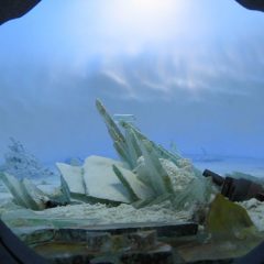 Global Warming heats up the Ice Box 11 Guy Laramee, The Wreck of Hope, detail of model landscape inside oil barrel