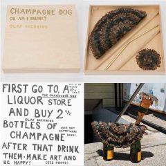 Bark and booze--Olaf Breuning's lush puppy 7 Olaf Breuning, Champagne Dog. The kits are hand-signed and numbered. Feathered mats, brass, champagne bottles, gold embossed wood box. 16 3/4 x 16 3/4 inches photograph and graphic drawing, Archival pigment on Hahnemühle Photo Rag 100% cotton rag paper. Box - 18 x 18 x 3 1/8 inches / Assembled size variable. Champagne bottles not included.