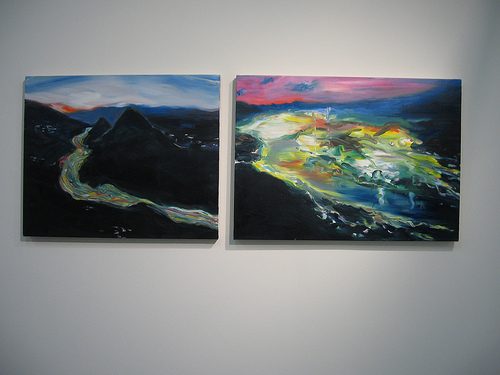 Joy Garnett, River 4 and River 5. Oil on canvas. both 26 inches high. River (4) is 32 inches, (5) is 36 inches wide. part of show curated by Joy Garnett