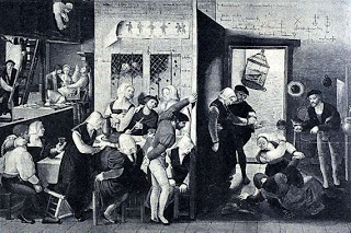 Brunswick Monogramist Tavern Scene (1540s) engraving. This interior scene shows a monumental print used as a frieze tacked to the wall of a tavern.