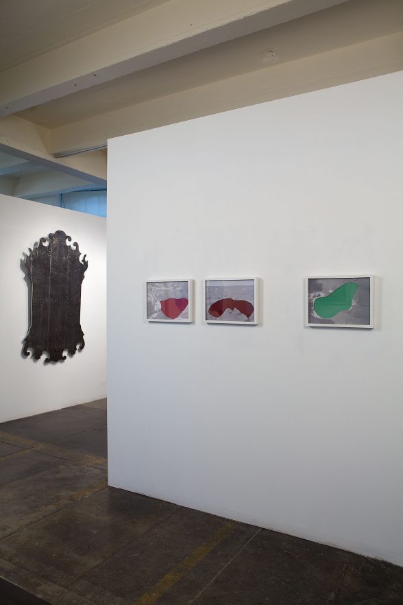 Installation, VIrgil Marti's "Meta-Mirrors" and Micah Danges "Landscape Cut-Outs".