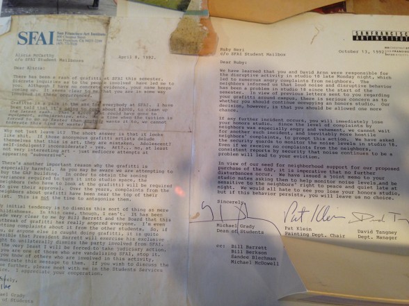 Memorabilia - letters from SFAI Dean of Students to McCarthy and Neri telling them to behave.