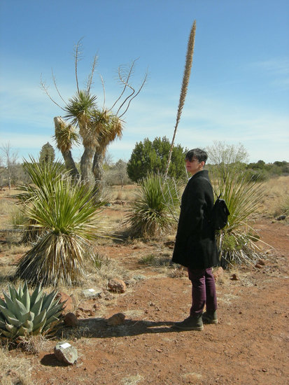 Hilary Jay at the Chihuahuan Desert Nature Center, in front of a yucca in bloom