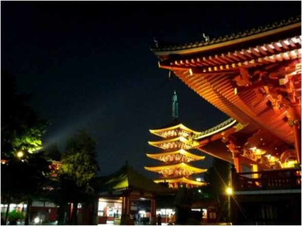 Japanese architecture lit up at night