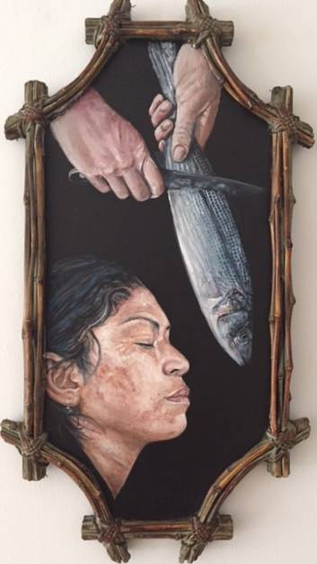 Karlito Miller, "Six Out of Ten Women Are Sexually Abused While Crossing the Border," oil on board.