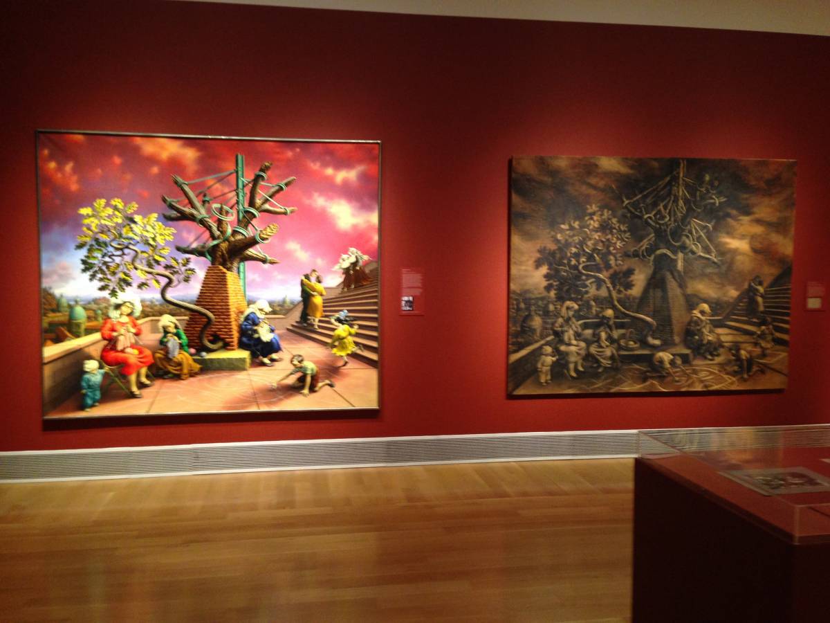 Peter Blume, "Tasso's Oak," left is the finished painting; right is the full size cartoon drawing of the piece. Installed side-by-side in the PAFA show.