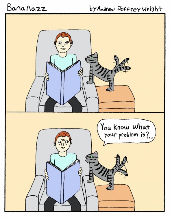 color comic, man reading and cat talking